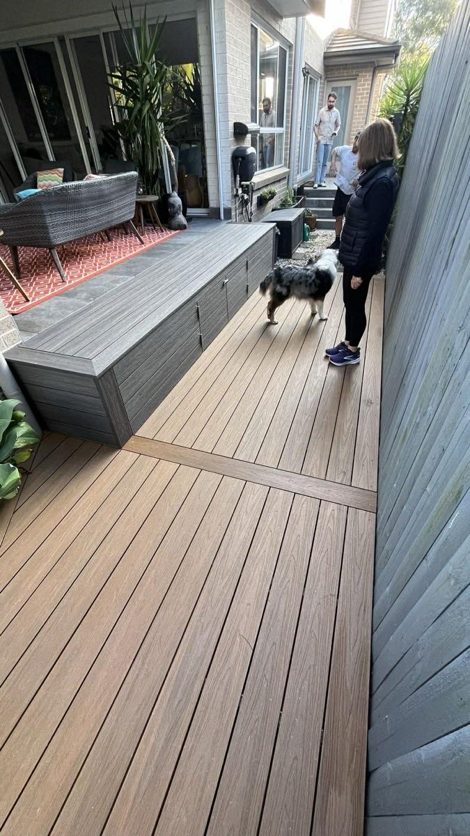 Composite deck with built-in bench seating